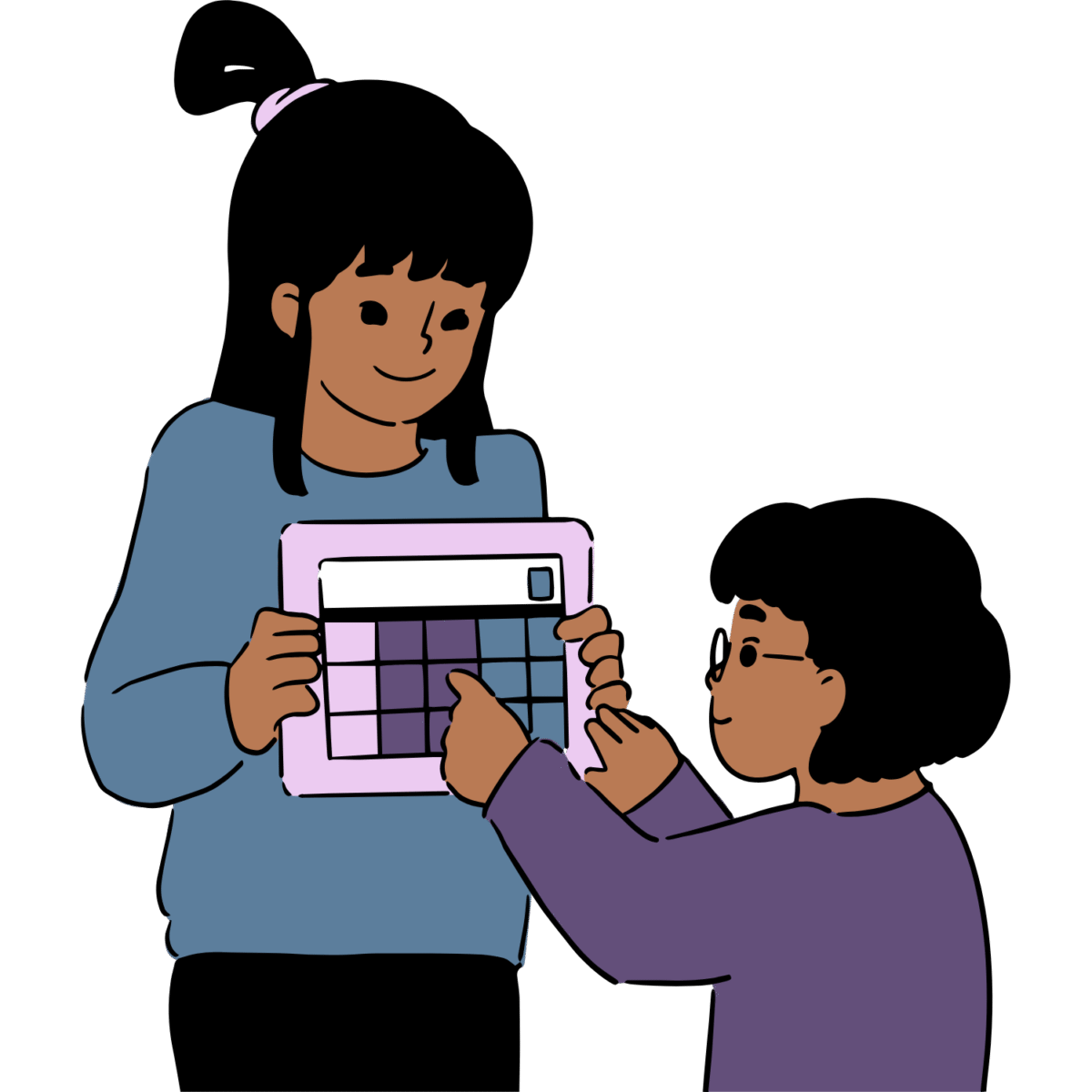 Vector image of a woman showing a young girl a purple tablet with coloured squares on the screen. The girl is tapping at the screen. Both have black hair and brown skin. The woman has her hair half up and is wearing a blue jumper. The young girl is wearing glasses and a purple jumper.
