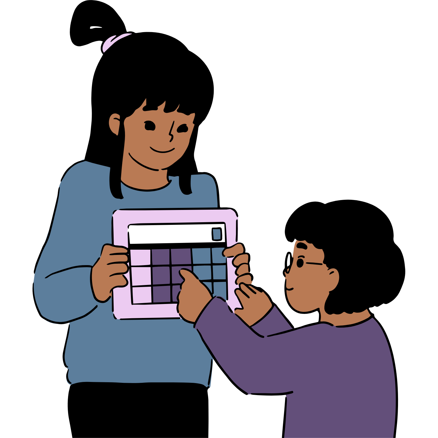 Vector image of a woman showing a young girl a purple tablet with coloured squares on the screen. The girl is tapping at the screen. Both have black hair and brown skin. The woman has her hair half up and is wearing a blue jumper. The young girl is wearing glasses and a purple jumper.
