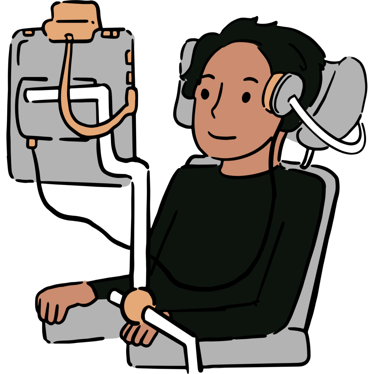 Vector image of a young man with short black hair and olive skin, wearing a black sweater, using a brain-computer interface to operate a screen attached to the side of his wheelchair.