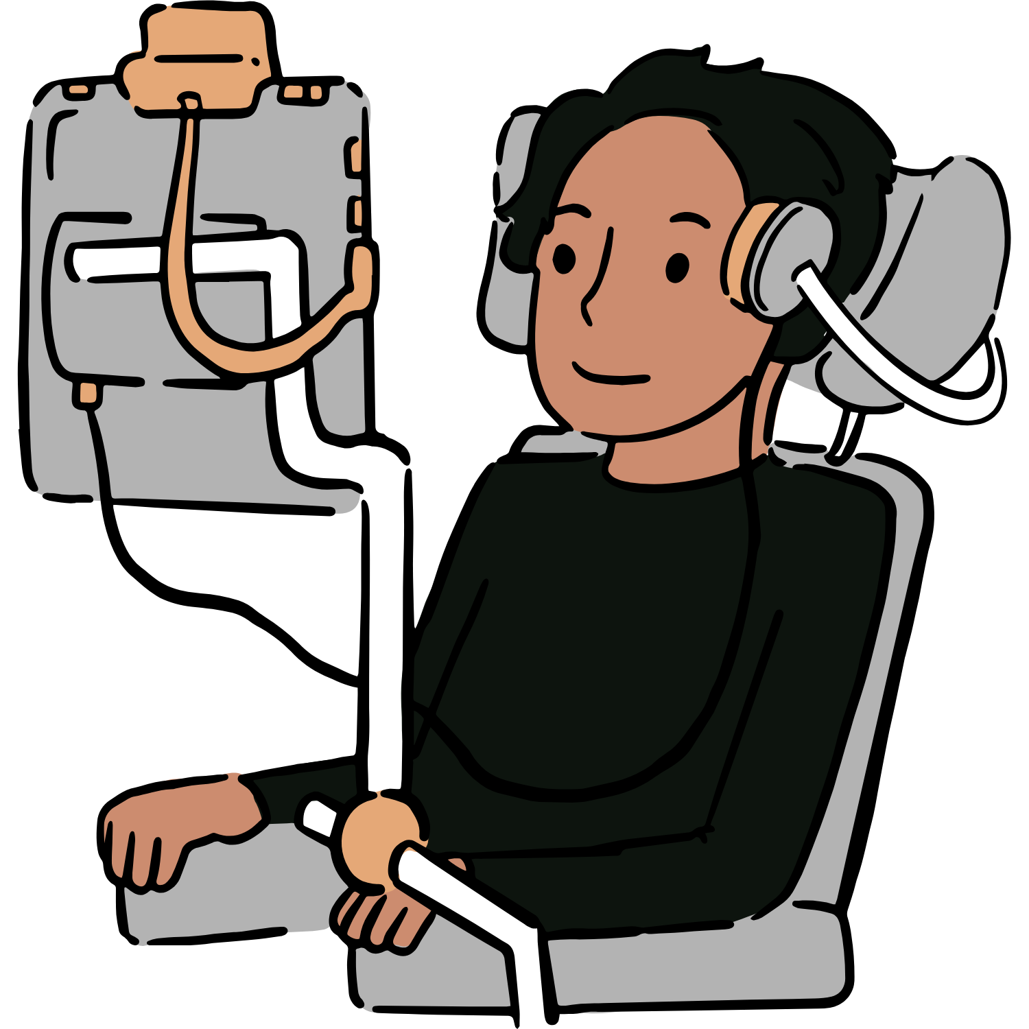 Vector image of a young man with short black hair and olive skin, wearing a black sweater, using a brain-computer interface to operate a screen attached to the side of his wheelchair.