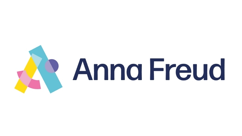Logo for Anna Freud featuring the letter A made out of blue and yellow lines, a pink curve and a blue spot.