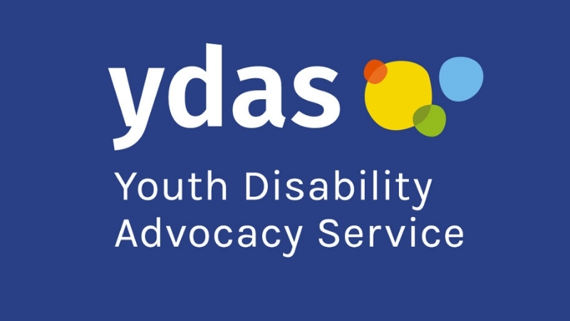 Logo for YDAS Youth Disability Advocacy Service featuring overlapping coloured blobs in yellow, red, green and blue.
