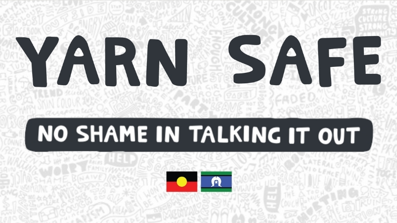 Screen shot from the Yarn Safe website featuring bold text: Yarn Safe, no shame in talking it out. The Aboriginal and Torres Strait Islander flags sit below. The background is made of faded line drawings and words. Some words that stand out are "worry", "help", "part" and "faded". Some of the drawing are of musical notes, stars, and speech bubbles.