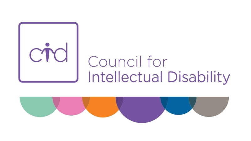 Logo for CID Council for Intellectual Disability. The "I" in CID is shaped like a person. There are six coloured semi-circles lined up under the text in green, pink, orange, purple, blue, and grey.