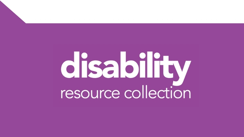 An upside down, square, purple speech bubble featuring the words "Disability resource collection".