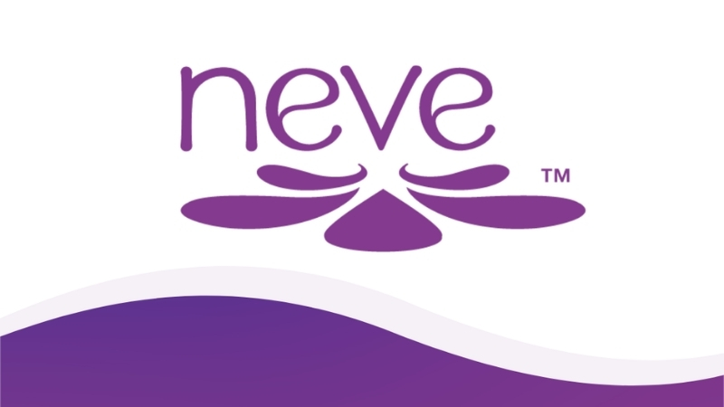 Logo for Neve TM featuring a face down purple flower.