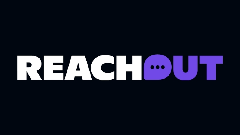 Logo for Reach Out featuring white and purple text. The letter o is shaped like a speech bubble with three dots.