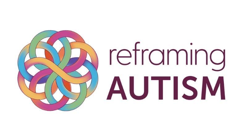 Logo for reframing Autism featuring rainbow infinity symbols wrapping around each other so they look like a intertwined ball.