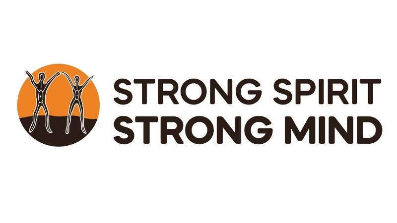 Logo for Strong Spirit, Strong Mind featuring a brown and orange Aboriginal line painting of a man and a woman jumping for joy side by side.