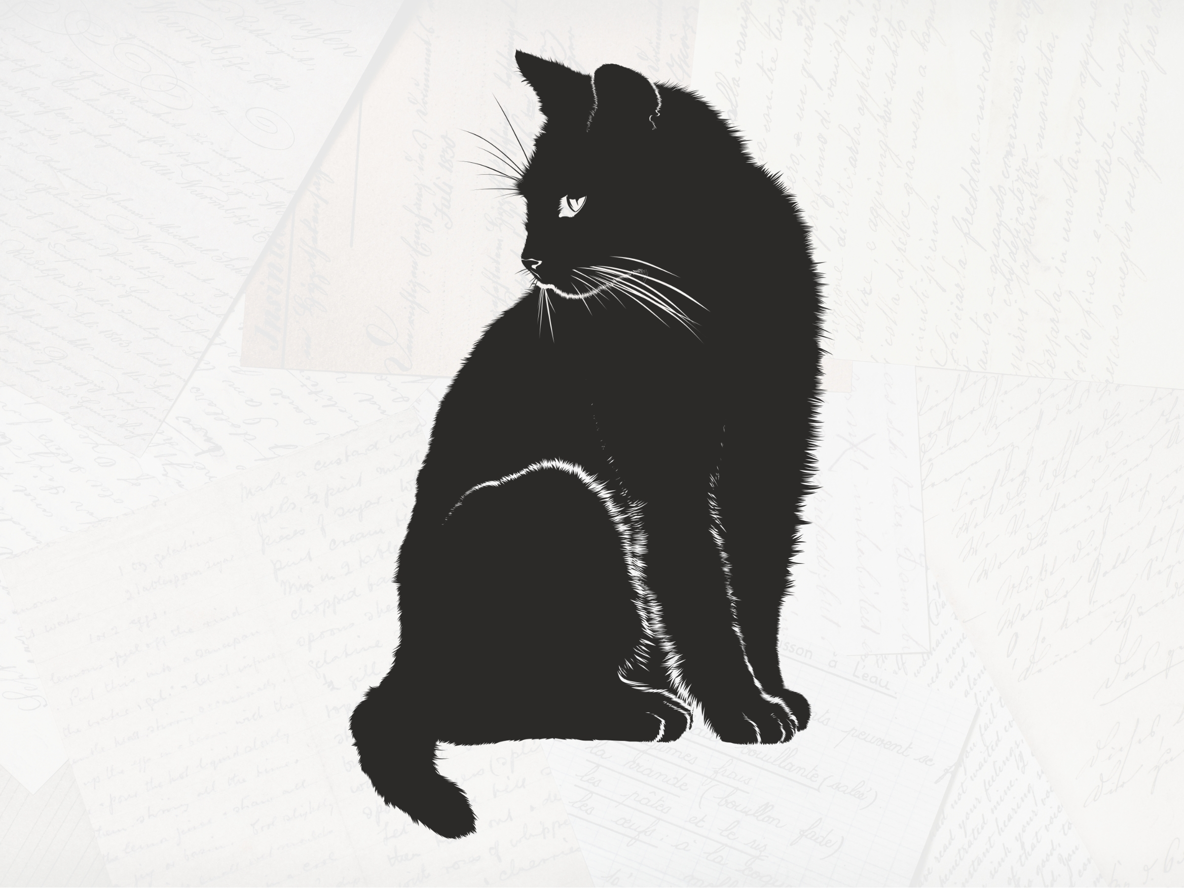 Illustration of a black cat. The background is a very faded photograph of overlapping handwritten notes.