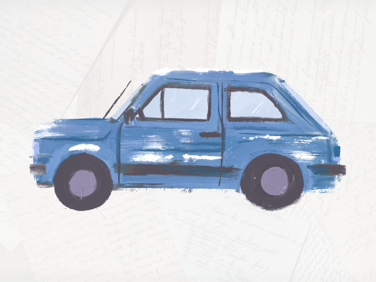 Watercolour image of a blue car. The background is a very faded photograph of overlapping handwritten notes.