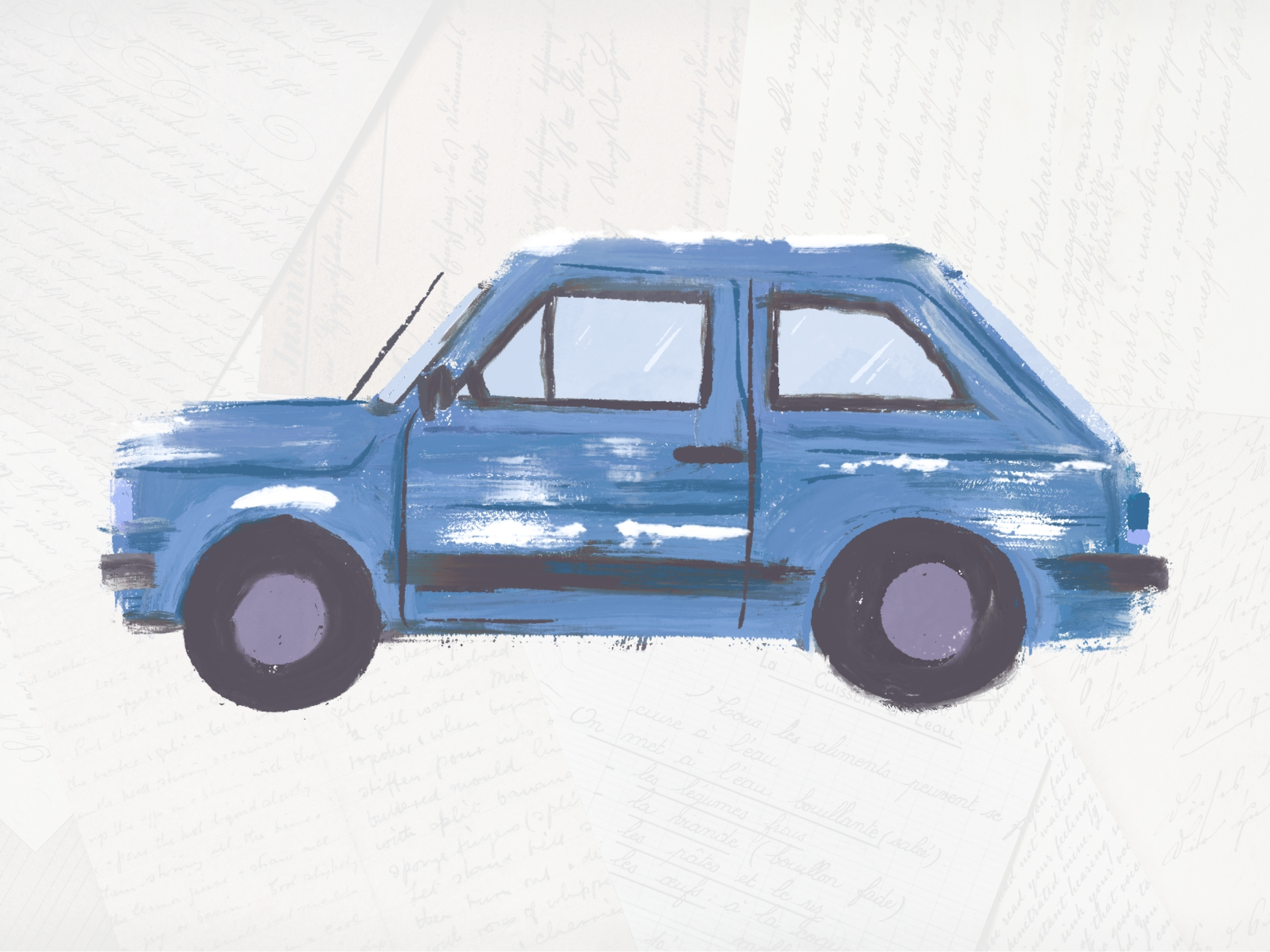 Watercolour image of a blue car. The background is a very faded photograph of overlapping handwritten notes.