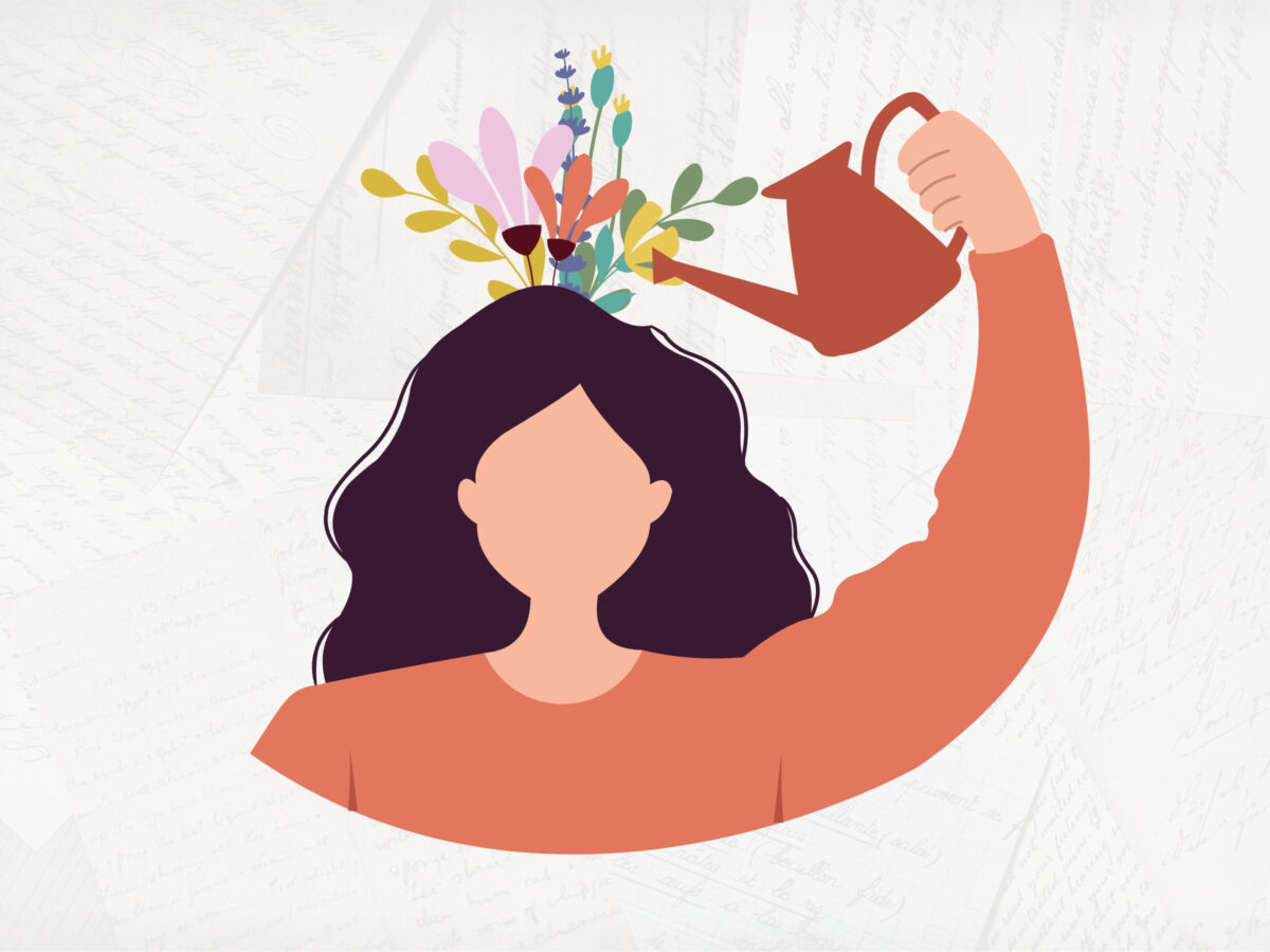 Vector image of a woman with long wavy dark hair, using a watering can to water a colourful bunch flowers growing from her head. The background is a very faded photograph of overlapping handwritten notes.
