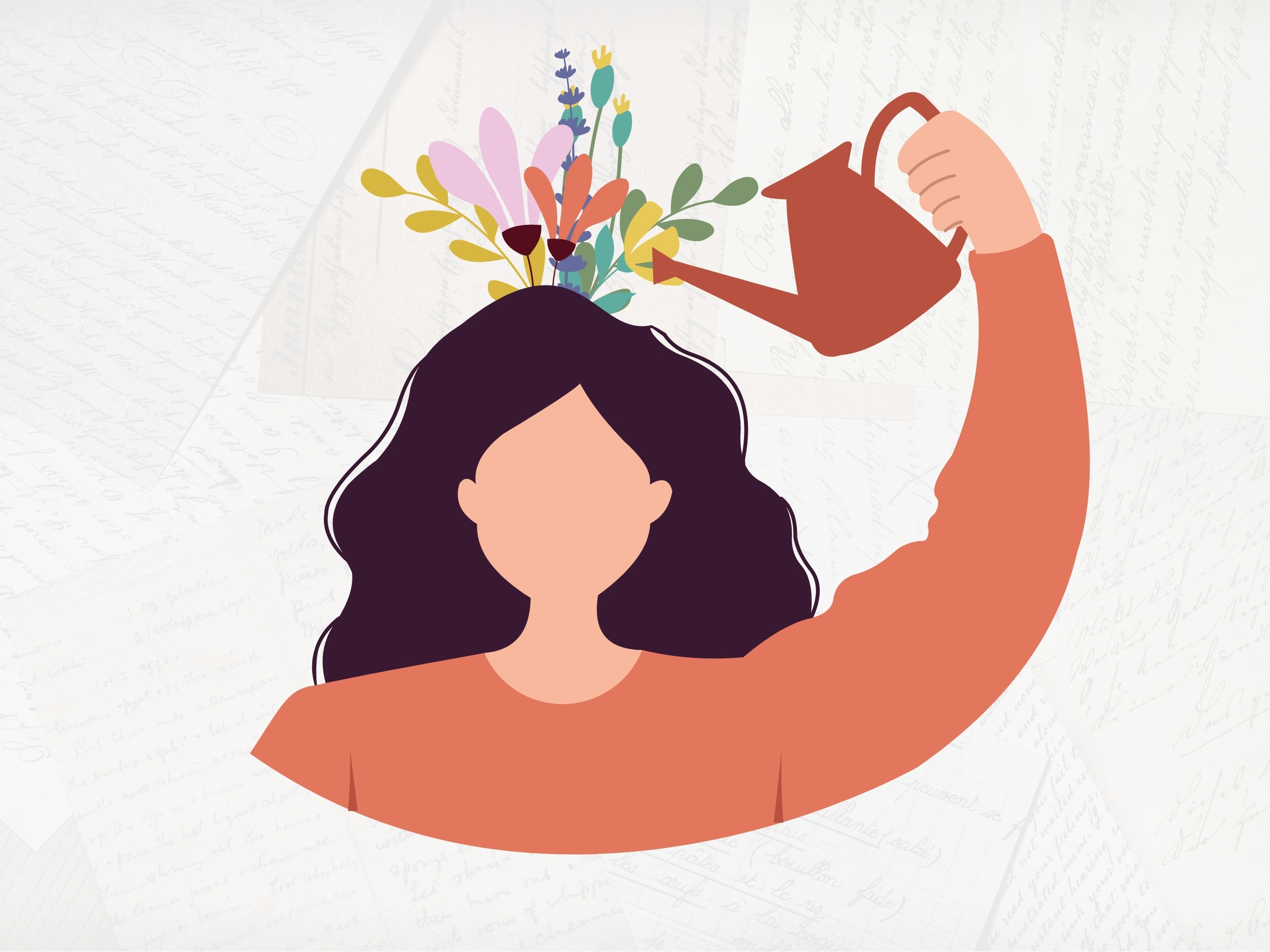 Vector image of a woman with long wavy dark hair, using a watering can to water a colourful bunch flowers growing from her head. The background is a very faded photograph of overlapping handwritten notes.