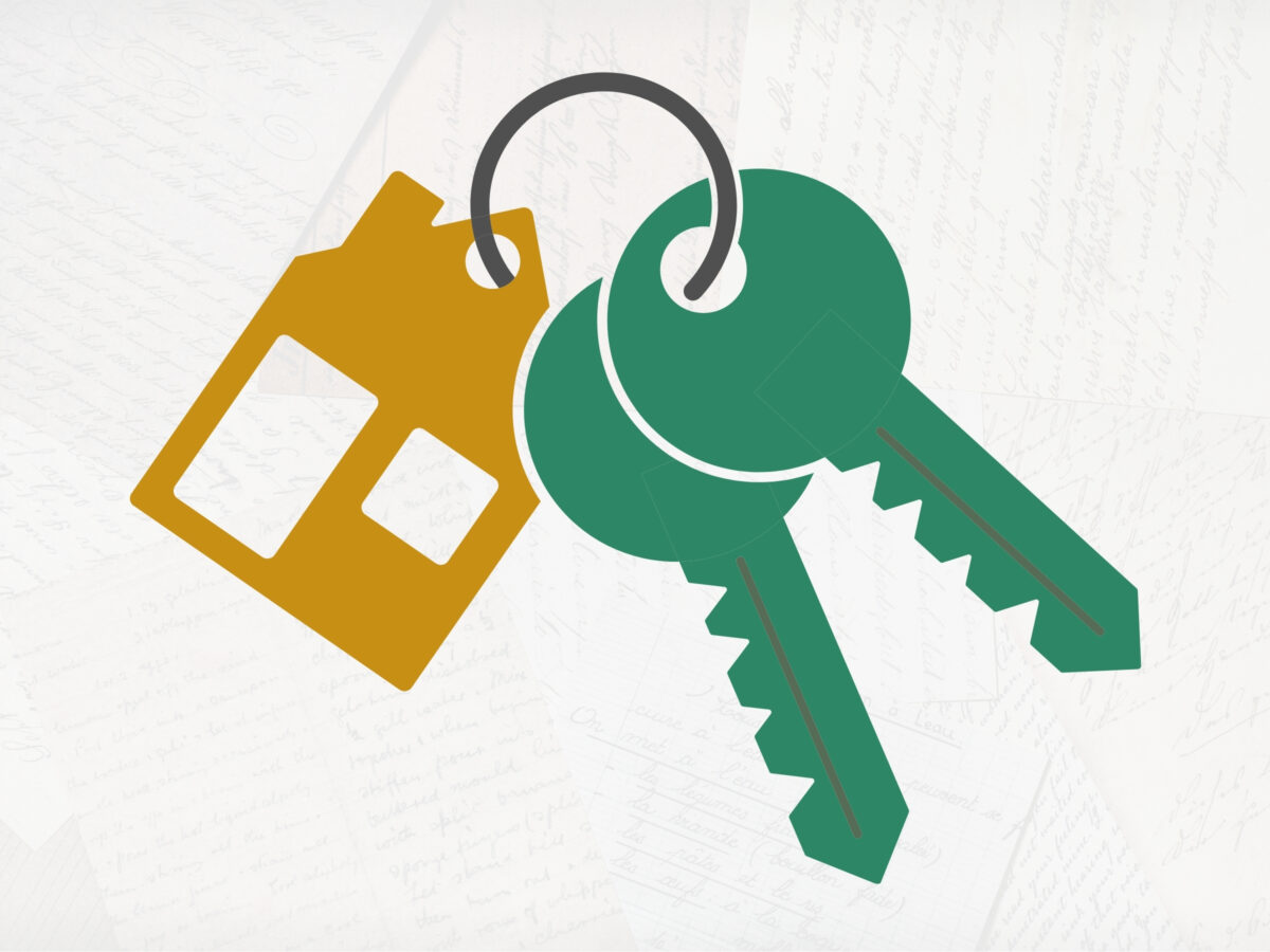 Simple illustration of green and gold house keys. The background is a very faded photograph of overlapping handwritten notes.