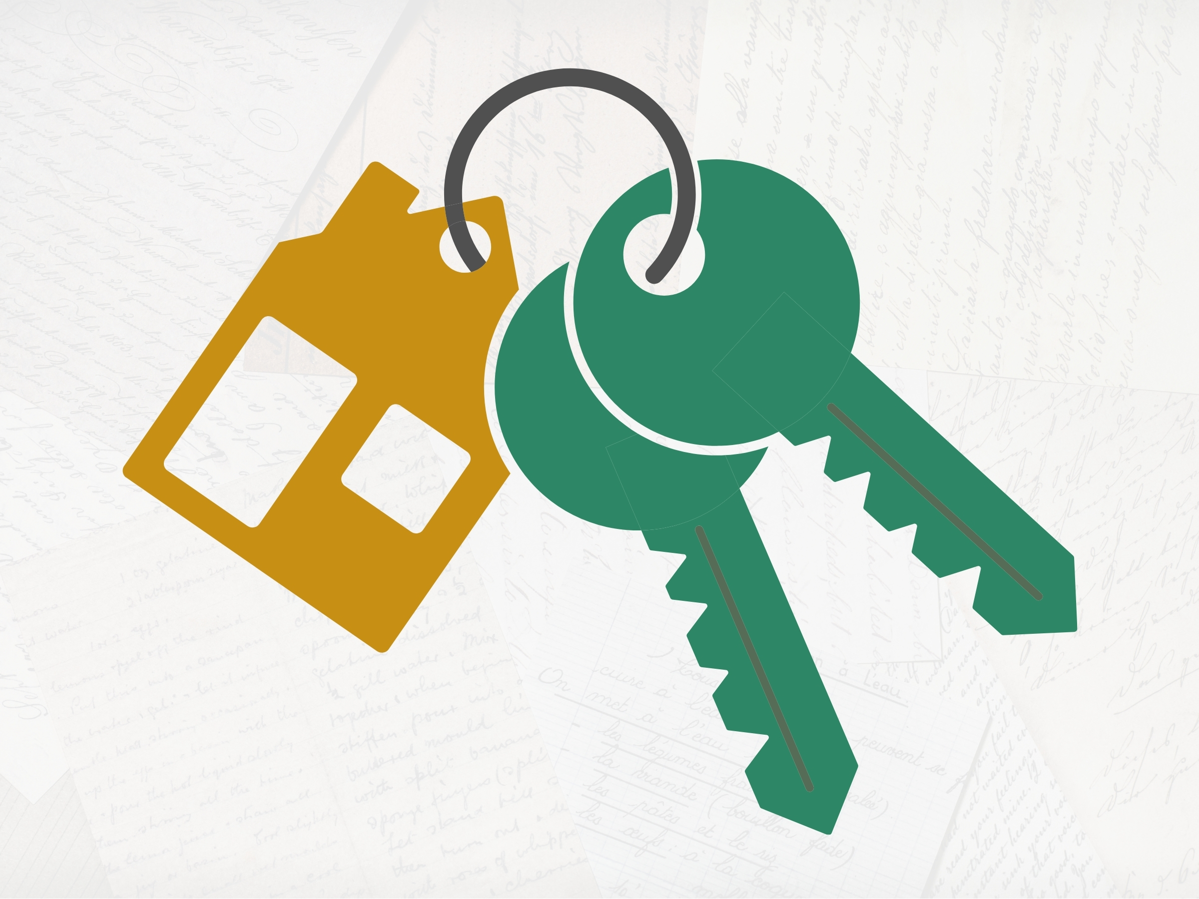 Simple illustration of green and gold house keys. The background is a very faded photograph of overlapping handwritten notes.