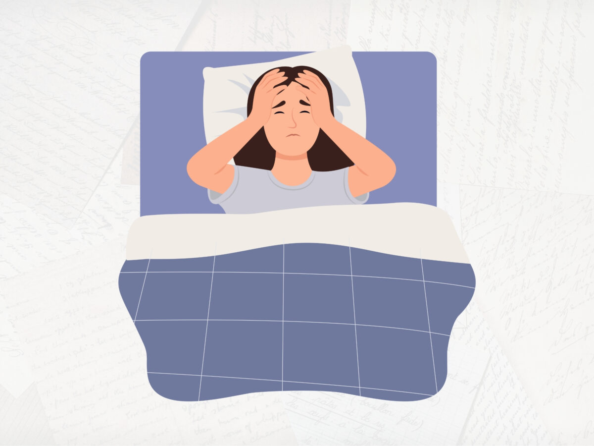 Vector image of a woman with long brown hair, lying in bed with her hands on her head, frustrated with insomnia. The background is a very faded photograph of overlapping handwritten notes.