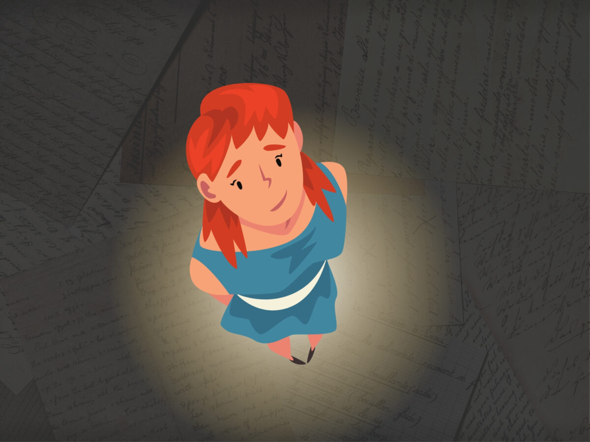 Vector image of a young, red haired woman in a blue dress, standing with her hands behind her back, looking up hopefully into a spotlight. The background is a very faded photograph of overlapping handwritten notes.