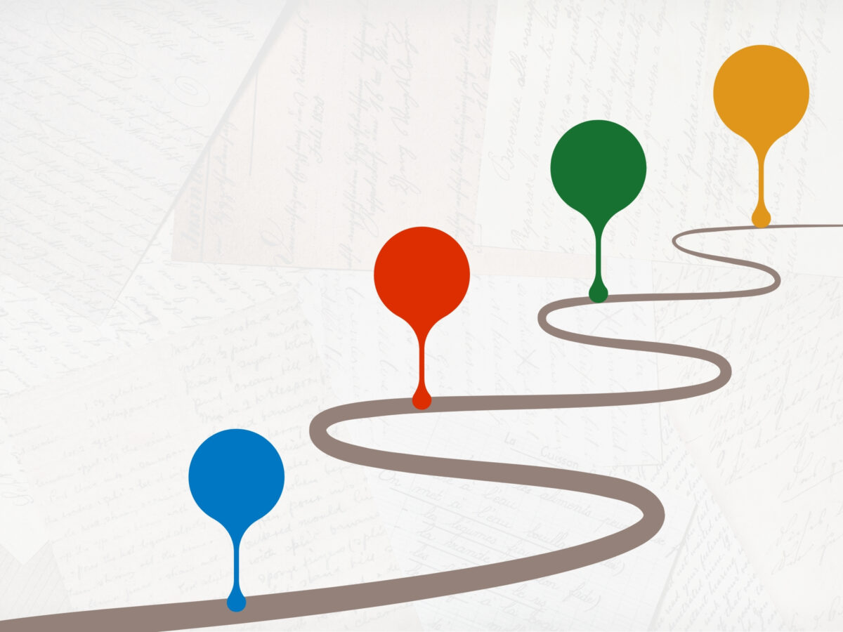 Vector image of a long winding path with milestones marked with blue, red, green and gold markers. The background is a very faded photograph of overlapping handwritten notes.