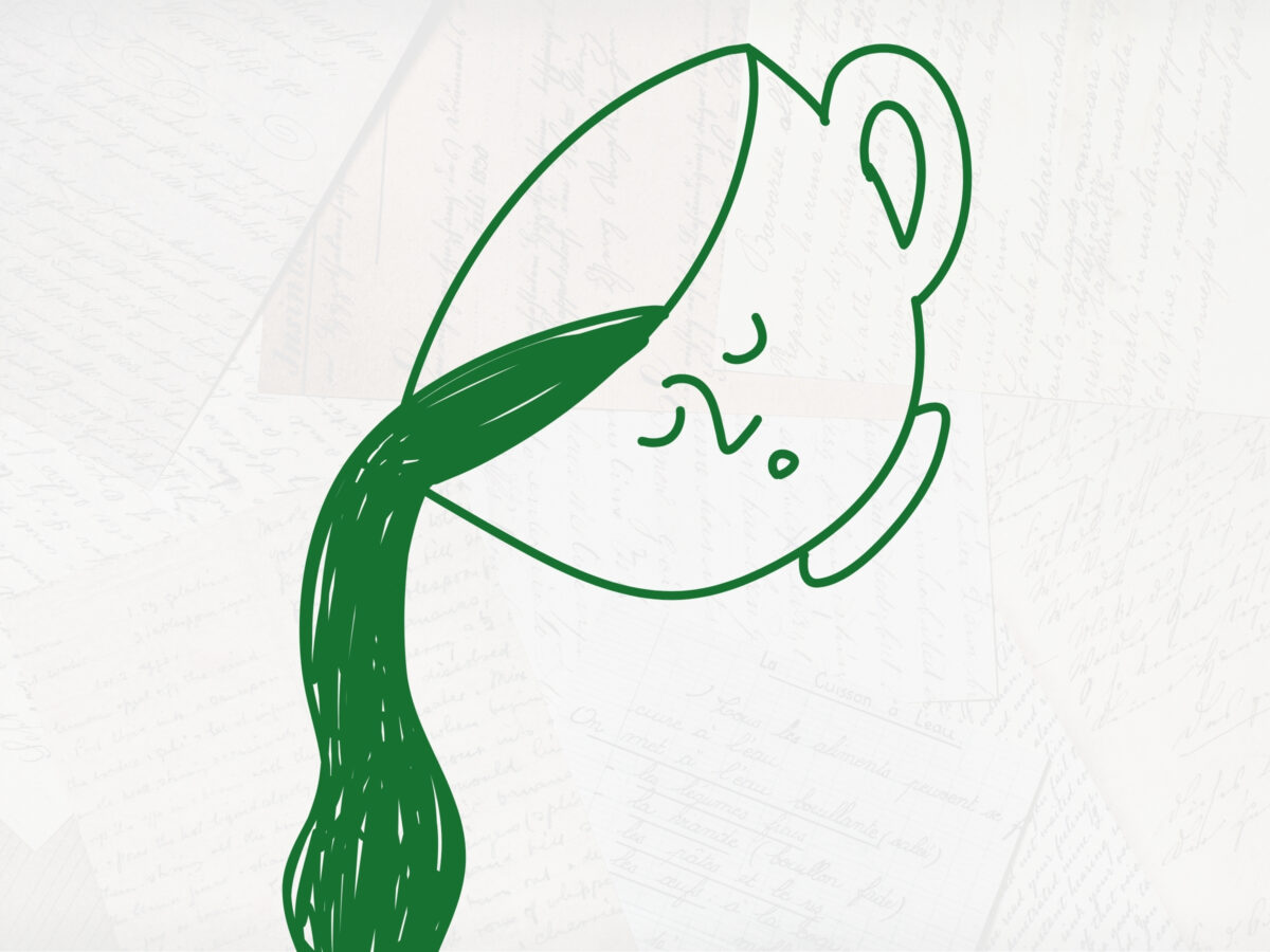 Simple illustration of a green teacup with a sleeping face on it, pouring liquid. The background is a very faded photograph of overlapping handwritten notes.