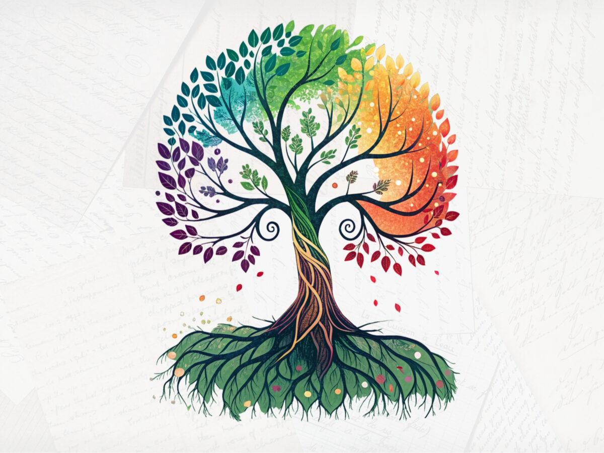 Illustration of a tree with its roots using a rainbow colours and fanciful curling branches. The background is a very faded photograph of overlapping handwritten notes.