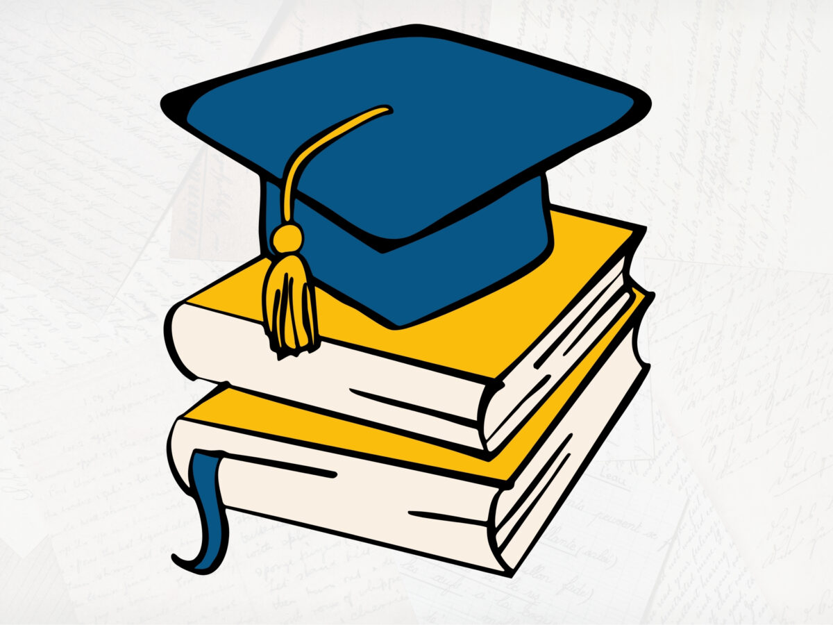 Vector image of a blue graduation cap sitting on two thick yellow covered books. The background is a very faded photograph of overlapping handwritten notes.