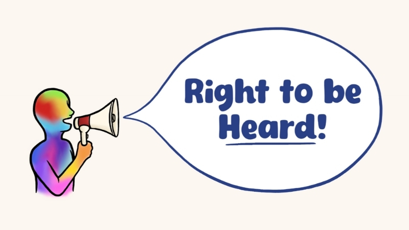 Logo featuring a rainbow coloured person with a megaphone and the words "Right to be Heard" inside a blue speech bubble.