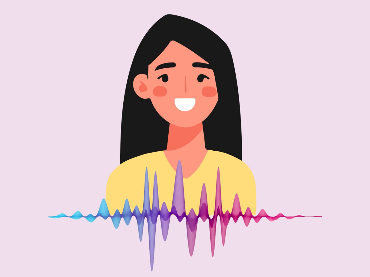 Graphic of a smiling young woman with pink skin, long, dark hair, and rosy cheeks, wearing a yellow t-shirt. Below her is a stylised blue, purple and orange soundwave.
