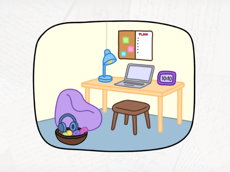 Illustration of a study area with a laptop, planner, beanbag and sensory box