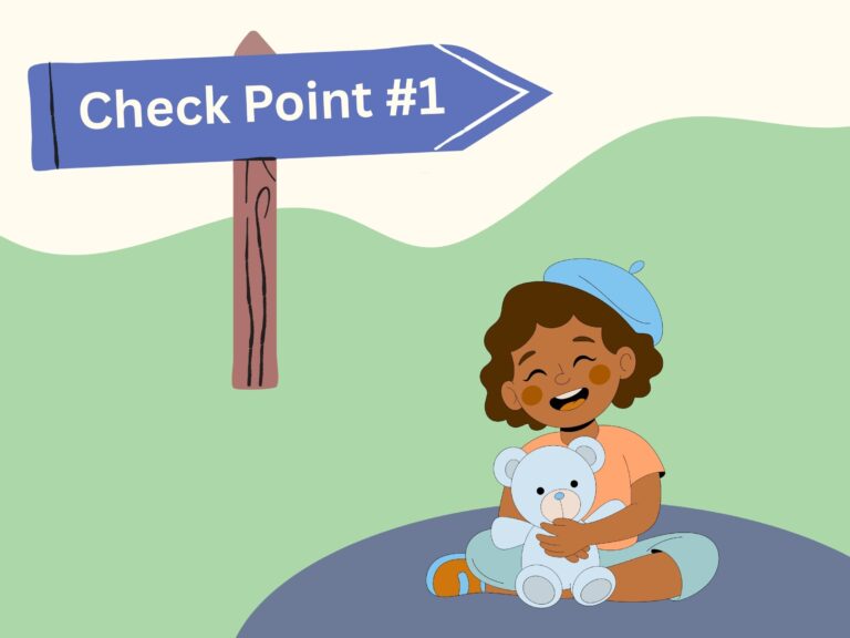 Feature image with a purple sign on a wood post. The sign says “check point number one”. Below the sign is a graphic of a toddler with dark skin, rosy cheeks, and curly, brown hair. She is wearing a blue hat and hugging a teddy bear, sitting cross legged and laughing.