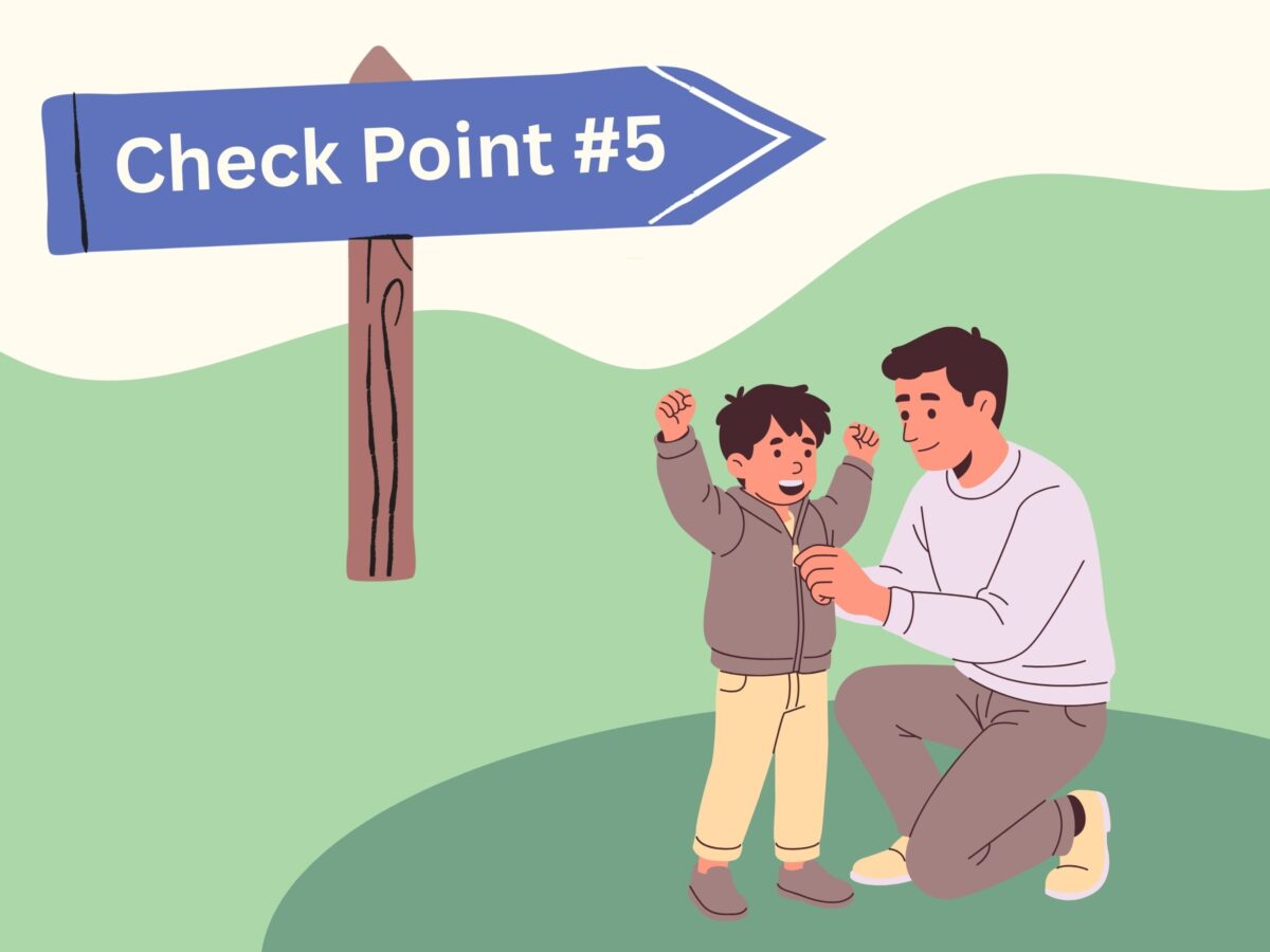 Feature image with a purple sign on a wood post. The sign says “check point number five”. Below the sign is a graphic of a man kneeling next to a little boy, helping him zip up his jacket. The man and boy both have black hair and olive skin and are dressed warmly for the outside. The little boy holds his fists above his head in excitement.