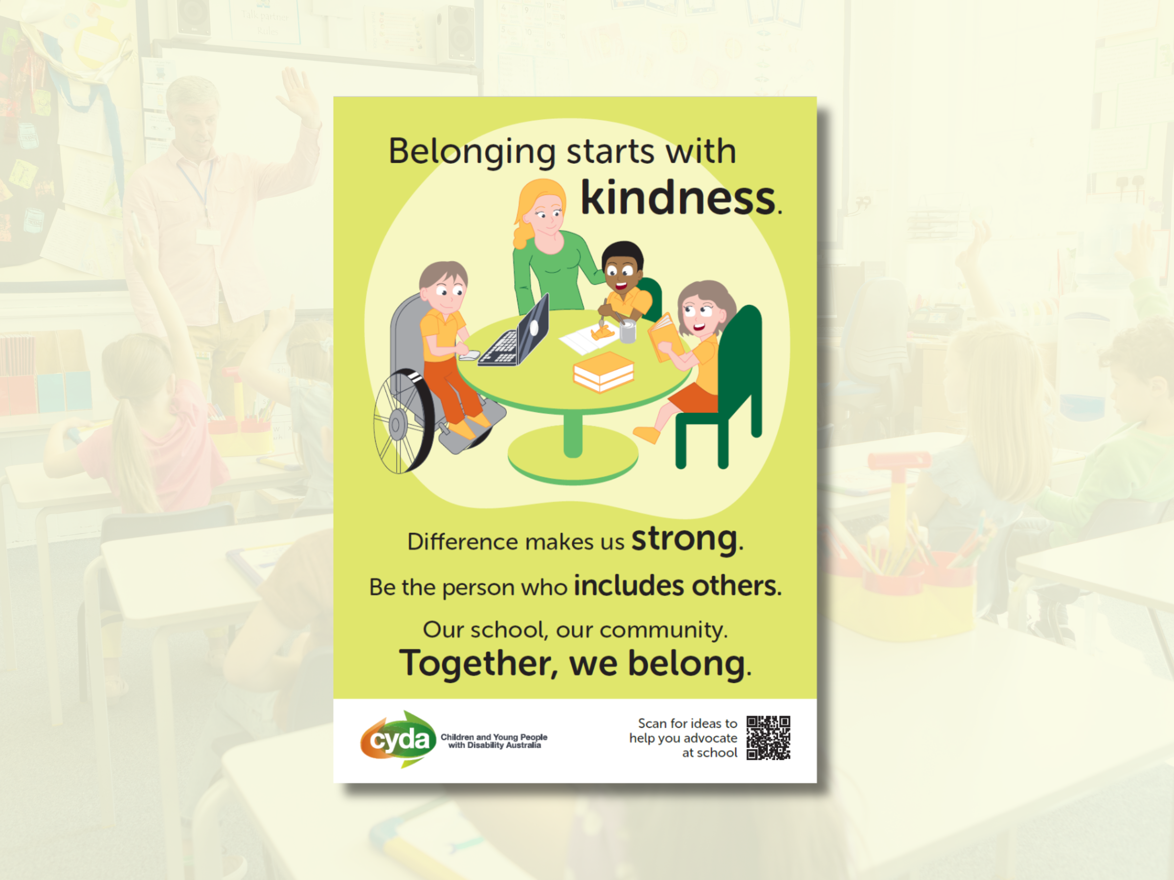 Primary school inclusion poster - belonging starts with kindness