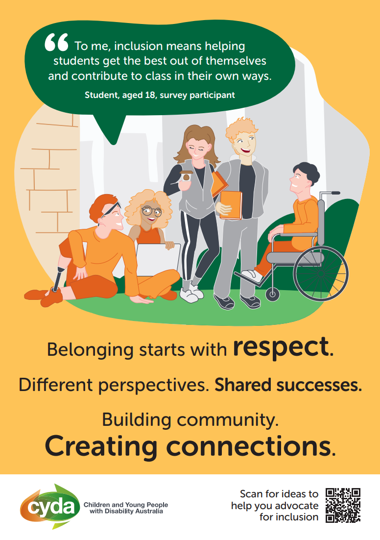 Tertiary Inclusion Poster - belonging start with respect. Different perspectives. Shared successes. Building community. Creating connections.