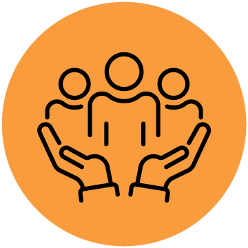 A simple orange graphic of three figures standing between two open hands.